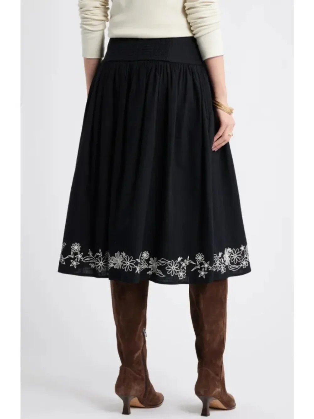 Treasure & Bond Embroidered Hem Cotton Midi Skirt Black A-Line Casual Sze M NWOT